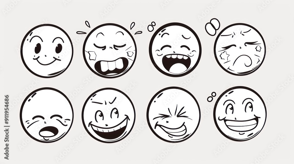 Fototapeta premium Set of eight hand-drawn emoticon faces showing various expressions.