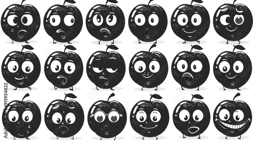 Black and white cartoon apples with various facial expressions. Black and white cartoon apples with various facial expressions.