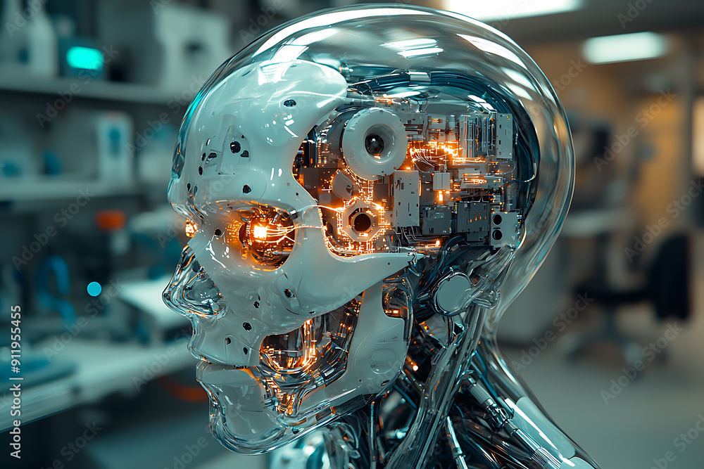Close-up of an advanced humanoid robot with a transparent skull revealing intricate circuits and glowing neural networks, set in a high-tech lab.
Close-up of an advanced humanoid robot with a transparent skull revealing intricate circuits and glowing neural networks, set in a high-tech lab.