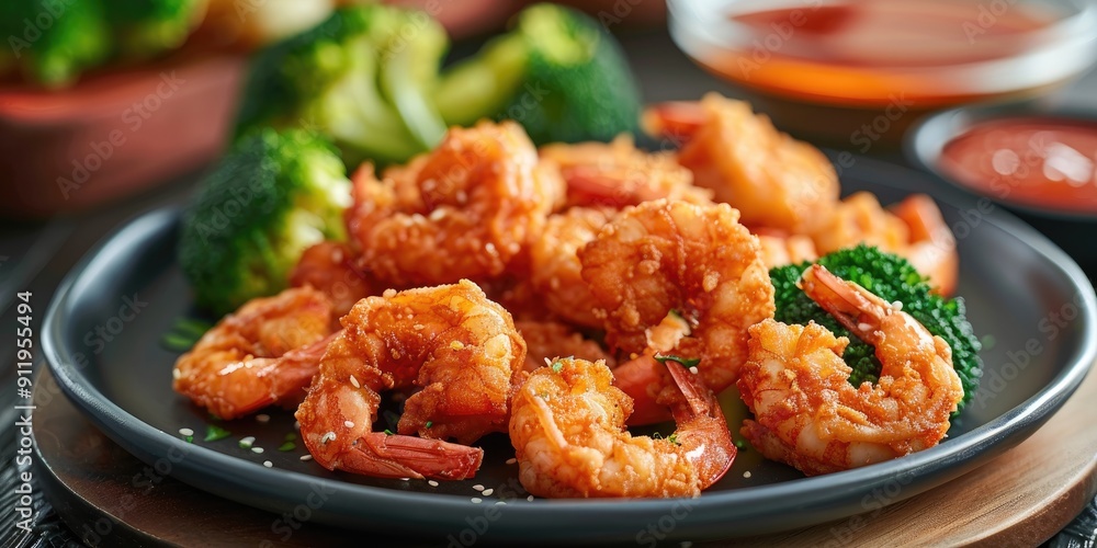 Plate of fried shrimp served with broccoli Plate of fried shrimp served with broccoli