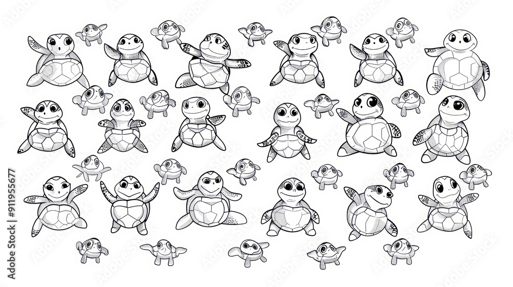 Black and white illustration of a group of sea turtles. Black and white illustration of a group of sea turtles.