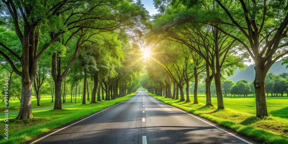 Empty road surrounded by lush green trees and grass, serene, scenic, tranquil, nature, peaceful, rural, countryside, remote, isolated Empty road surrounded by lush green trees and grass, serene, scenic, tranquil, nature, peaceful, rural, countryside, remote, isolated
