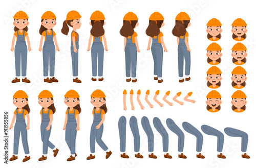 Female builder constructor. Happy woman in hardhat. Pack of legs, hands and faces for creating animation. Construction and architecture. Flat vector collection