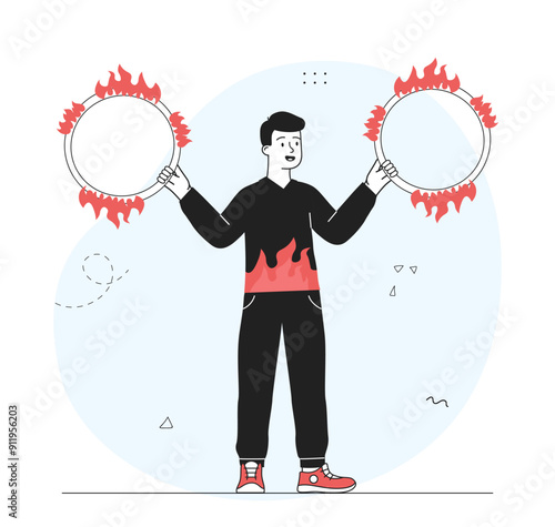 Juggler with fire rings. Man juggles with burning rings. Circus performance and show. Performer with equipment at carnival. Linear vector illustration