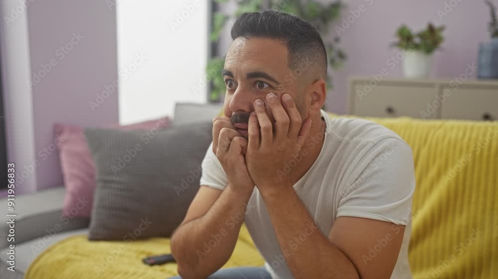 Surprised hispanic man watching tv in a cozy living room, expressing shock Surprised hispanic man watching tv in a cozy living room, expressing shock