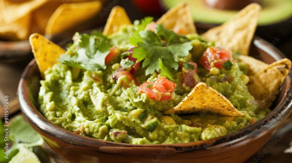 Close up of guacamole dip with tortilla chips. Close up of guacamole dip with tortilla chips.