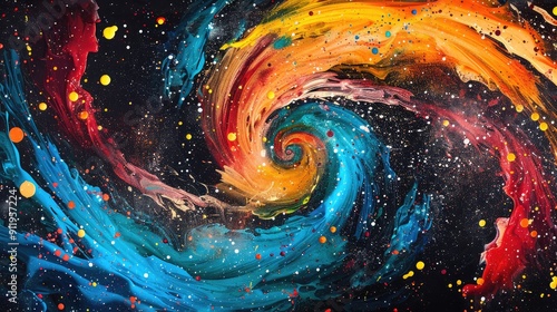 Fantastic spiral explosion colorful liquid paint splatter on black background