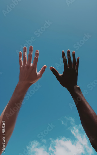 Two hands with different skin color reaching out to sky