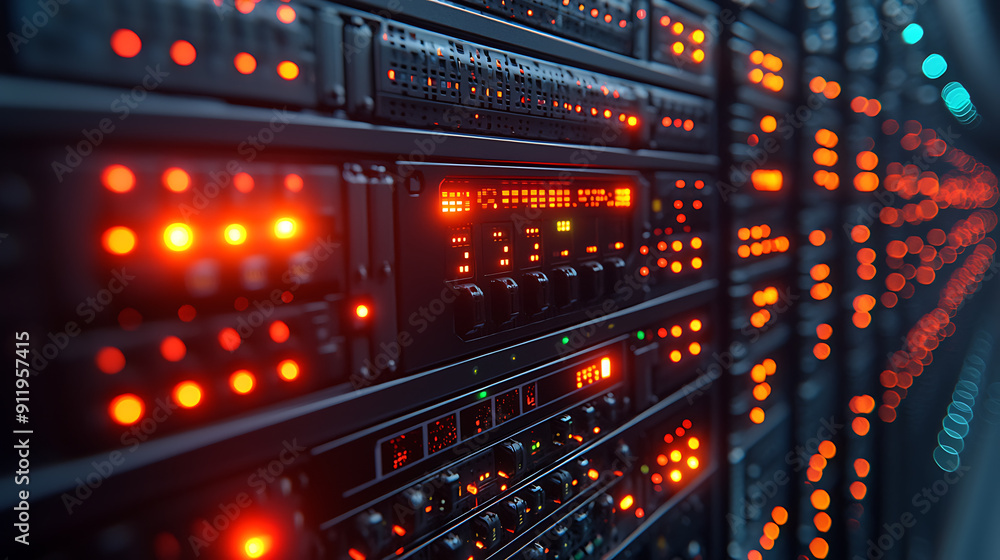 Close-up of a server rack with neatly organized cables and blinking LED indicators in a high-tech data center, with more server racks in the background.
Close-up of a server rack with neatly organized cables and blinking LED indicators in a high-tech data center, with more server racks in the background.