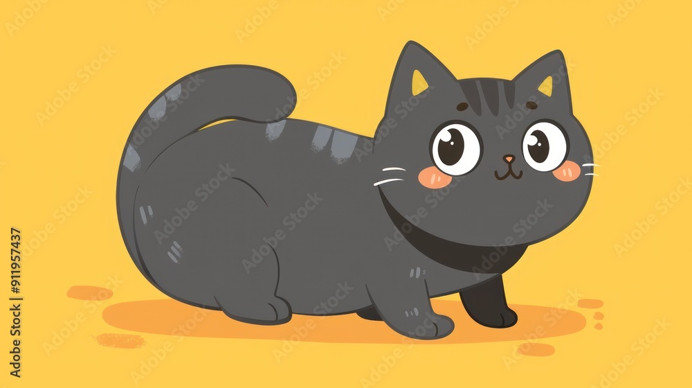Obraz premium Cute cartoon black cat with big eyes on a yellow background.