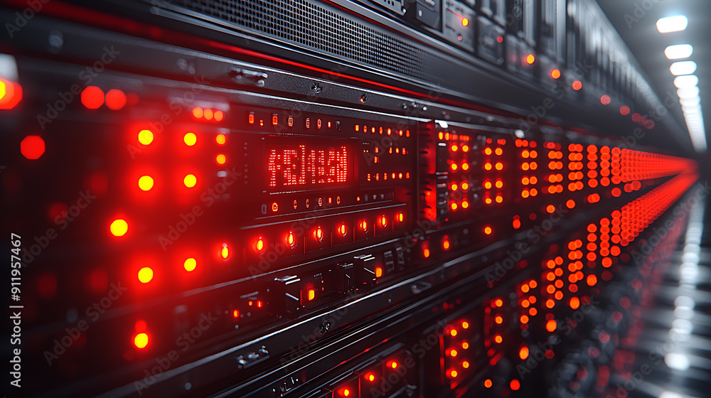 Close-up of a server rack with neatly organized cables and blinking LED indicators in a high-tech data center, with more server racks in the background.
Close-up of a server rack with neatly organized cables and blinking LED indicators in a high-tech data center, with more server racks in the background.