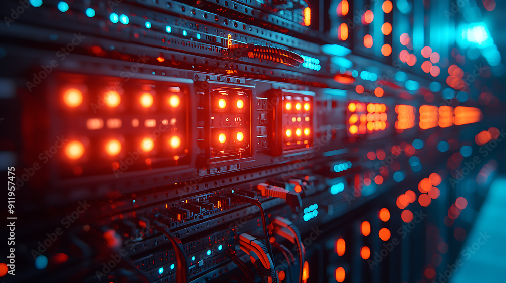 Close-up of a server rack with neatly organized cables and blinking LED indicators in a high-tech data center, with more server racks in the background.
