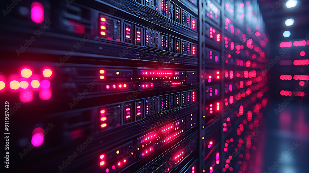 Close-up of a server rack with neatly organized cables and blinking LED indicators in a high-tech data center, with more server racks in the background.
Close-up of a server rack with neatly organized cables and blinking LED indicators in a high-tech data center, with more server racks in the background.