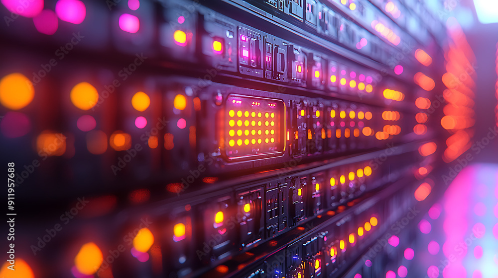 Fototapeta premium Close-up of a server rack with neatly organized cables and blinking LED indicators in a high-tech data center, with more server racks in the background. 