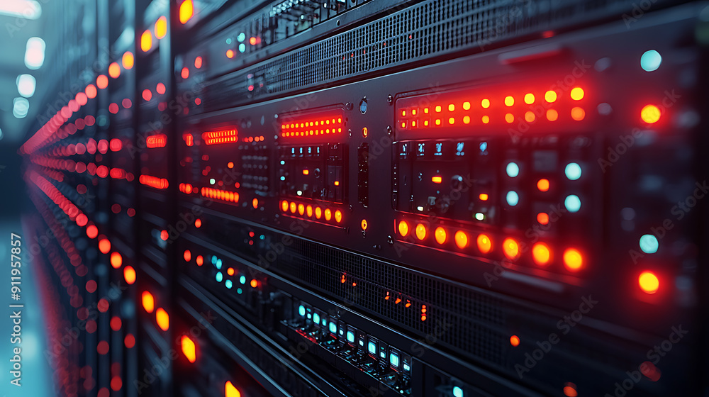 Close-up of a server rack with neatly organized cables and blinking LED indicators in a high-tech data center, with more server racks in the background.
Close-up of a server rack with neatly organized cables and blinking LED indicators in a high-tech data center, with more server racks in the background.