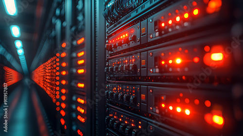 Close-up of a server rack with neatly organized cables and blinking LED indicators in a high-tech data center, with more server racks in the background. 