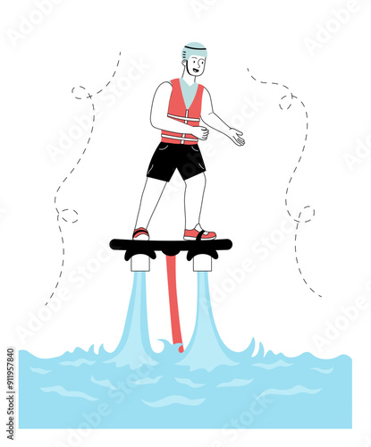 Man on flyboard. Young guy on board flies over water. Active lifestyle and extreme sports. Holiday and vacation in tropical countries. Linear vector illustration