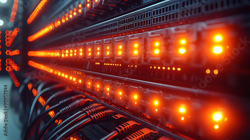 Close-up of a server rack with neatly organized cables and blinking LED indicators in a high-tech data center, with more server racks in the background. 