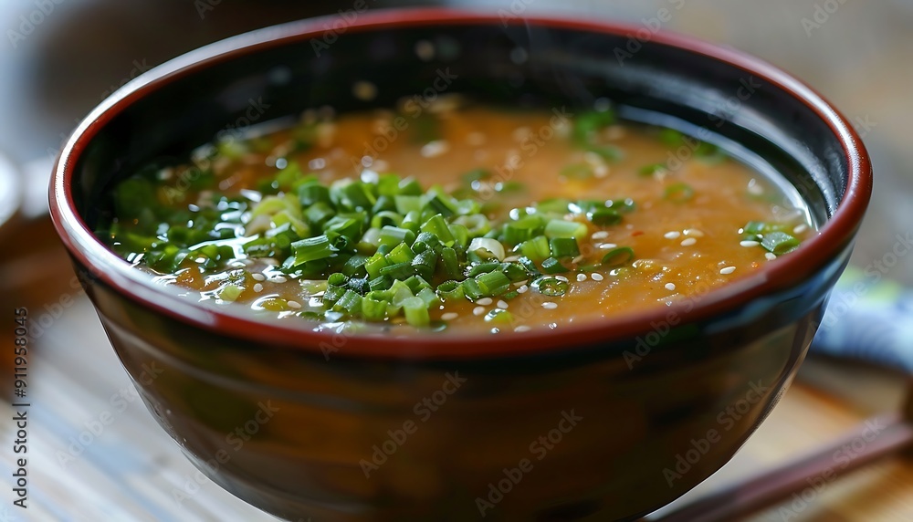 Miso soup with tofu and kale in bowl Miso soup with tofu and kale in bowl