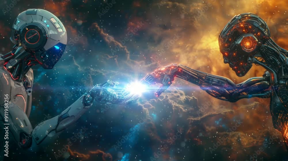 Two robotic hands are reaching out to each other in a space filled with fire Two robotic hands are reaching out to each other in a space filled with fire