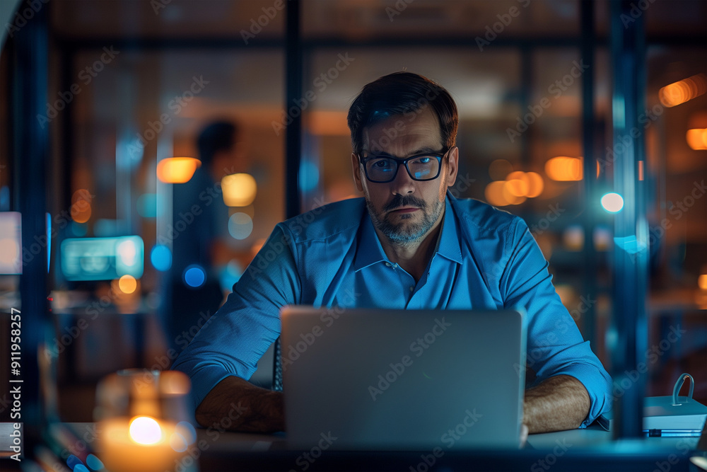 a businessman working alone at night in his office due to work deadlines, stress, overwork in a modern job a businessman working alone at night in his office due to work deadlines, stress, overwork in a modern job