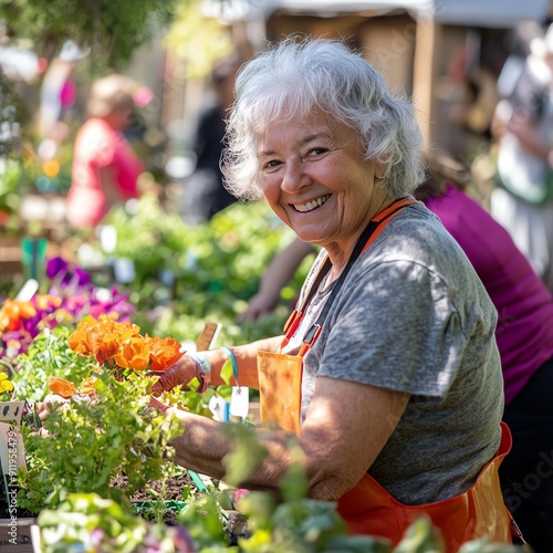 An older adult volunteer leading a vibrant community gardening project, surrounded by colorful plants and enthusiastic participants, symbolizing empowerment through service.