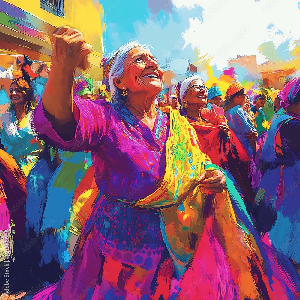 Fototapeta premium A dynamic scene of older adults participating in a vibrant theater performance, wearing colorful costumes and expressing themselves creatively, symbolizing empowerment through dram