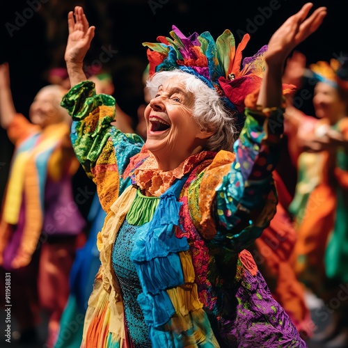 A dynamic scene of older adults participating in a vibrant theater performance, wearing colorful costumes and expressing themselves creatively, symbolizing empowerment through dram
