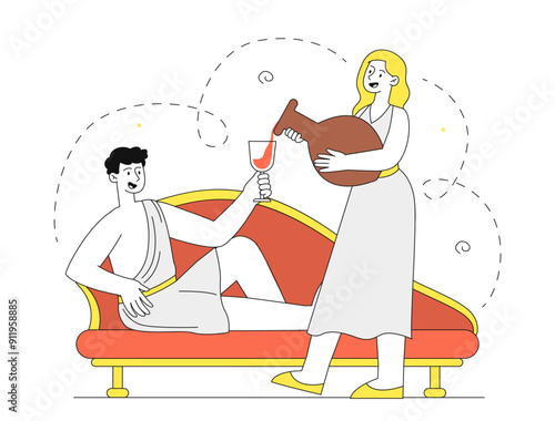 God dionysus concept. Man in tunic lies on sofa and drinks wine. Traditional Greek mythology and legend. Drunk young guy with alcohol. Linear vector illustration