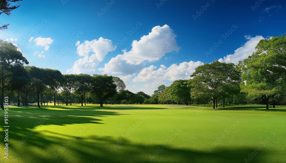 Fototapeta premium Blue sky and grass. A large park.