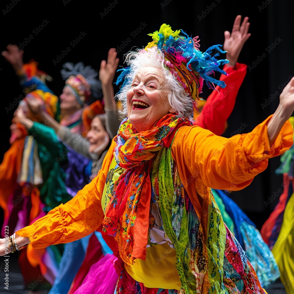 A dynamic scene of older adults participating in a vibrant theater performance, wearing colorful costumes and expressing themselves creatively, symbolizing empowerment through dram A dynamic scene of older adults participating in a vibrant theater performance, wearing colorful costumes and expressing themselves creatively, symbolizing empowerment through dram