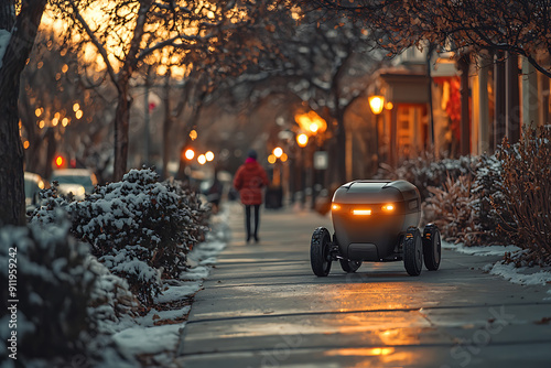 Close-up of an automated delivery robot navigating a suburban neighborhood sidewalk, featuring advanced sensors and a secure compartment for packages. 