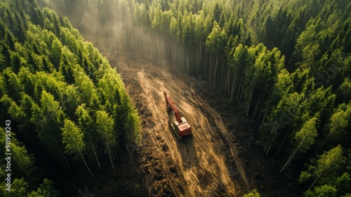 Forest clearing excavator aerial view: A powerful excavator clears a path through a dense forest, its red body contrasting against the lush green foliage. The sun casts a warm, golden light on the sce photo