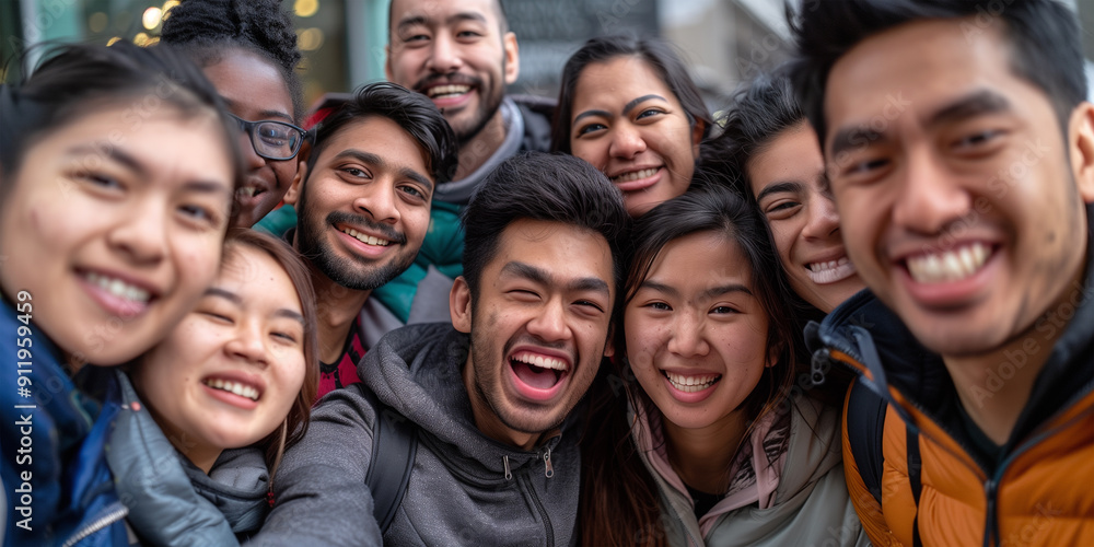 A group of multiethnic friends of men and women hugging and taking a picture of each other on their trip A group of multiethnic friends of men and women hugging and taking a picture of each other on their trip