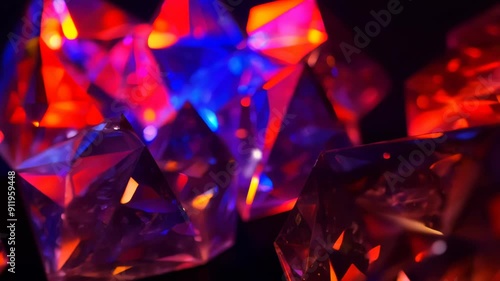 Close-up: Geometric shapes glow in vibrant red and blue. Static camera captures crystalline forms. Sharp edges and facets create dynamic interplay of light and shadow.