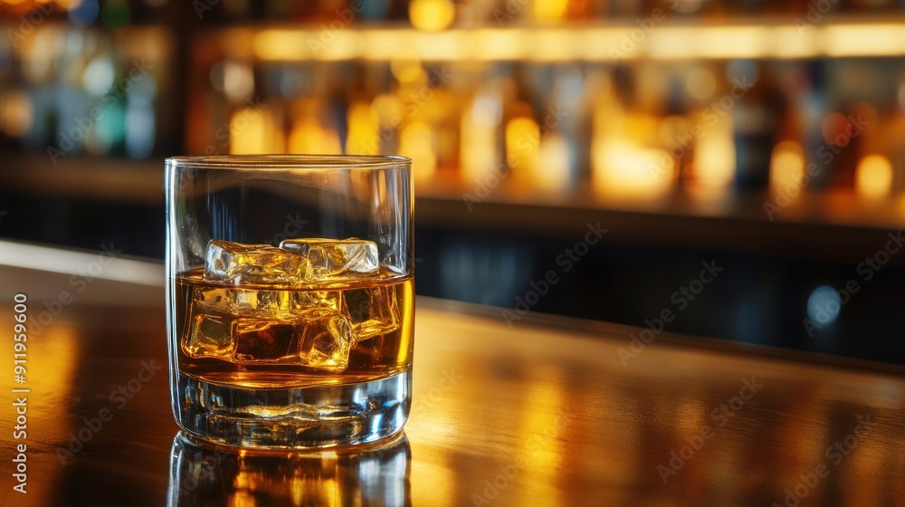 A glass of whiskey on the bar table behind the bar A glass of whiskey on the bar table behind the bar