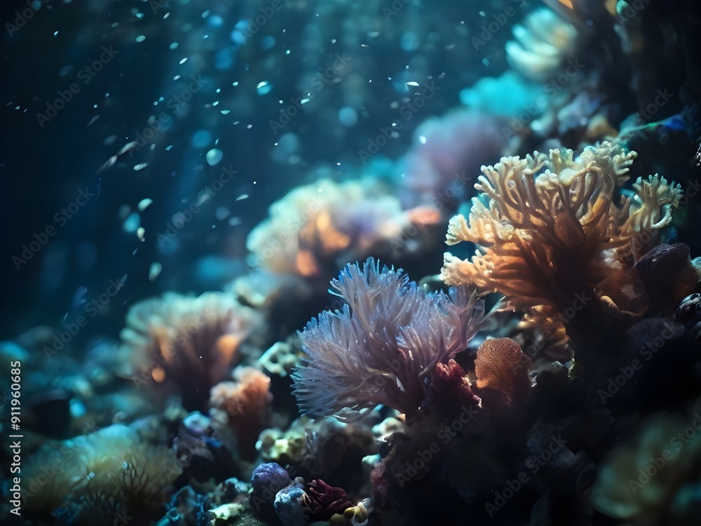 Fototapeta premium A breathtakingly detailed, highly realistic, and vividly colored cinematic photograph of the deep sea, evoking the sense of being immersed in the darkest Generative AI