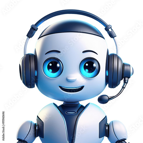 A friendly robot wearing a headset and smiling