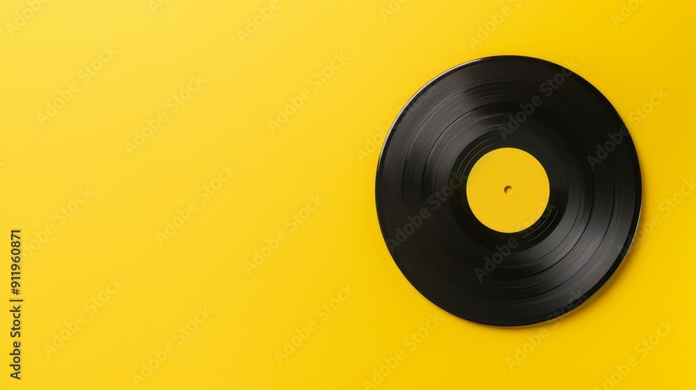 Obraz premium Vinyl record on a yellow background, ample space aroundd