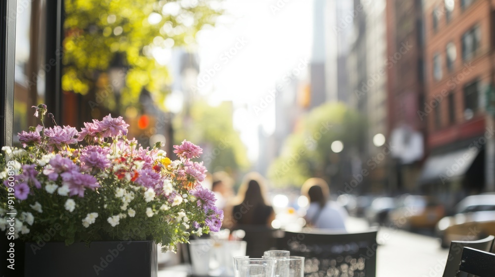Fototapeta premium People are enjoying meals outdoors at a cafГ© filled with sunlit flowers and the buzz of city life