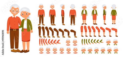 Grandparents constructor set. Happy old man and woman hugging. Pack of legs, hands and faces for creating animation. Love, care and support. Flat vector collection