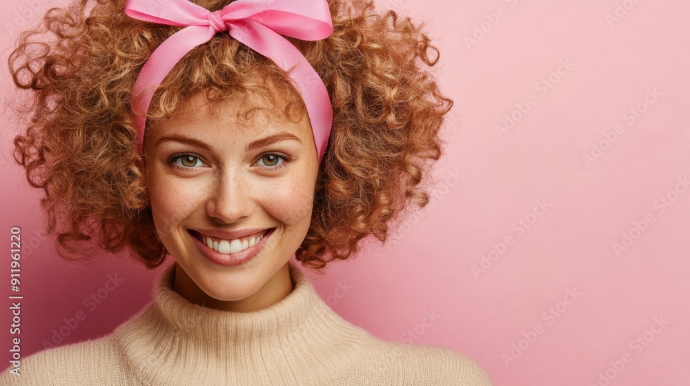 A cheerful woman with curly hair adorned with pink ribbons smiles warmly, exuding happiness in a vibrant setting A cheerful woman with curly hair adorned with pink ribbons smiles warmly, exuding happiness in a vibrant setting