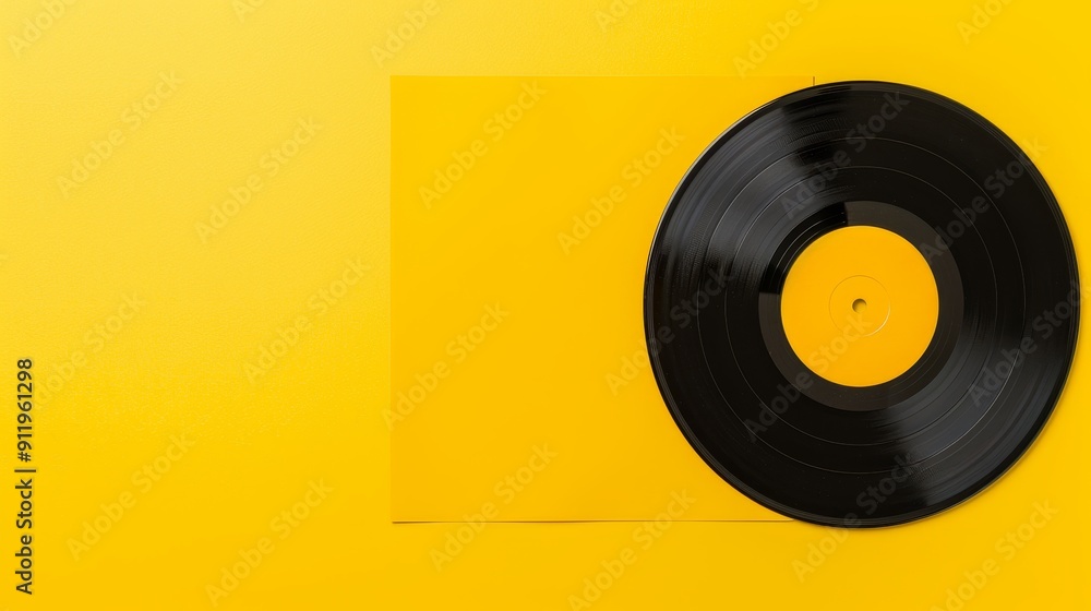 Yellow background featuring a vinyl record with clear copy spaced Yellow background featuring a vinyl record with clear copy spaced