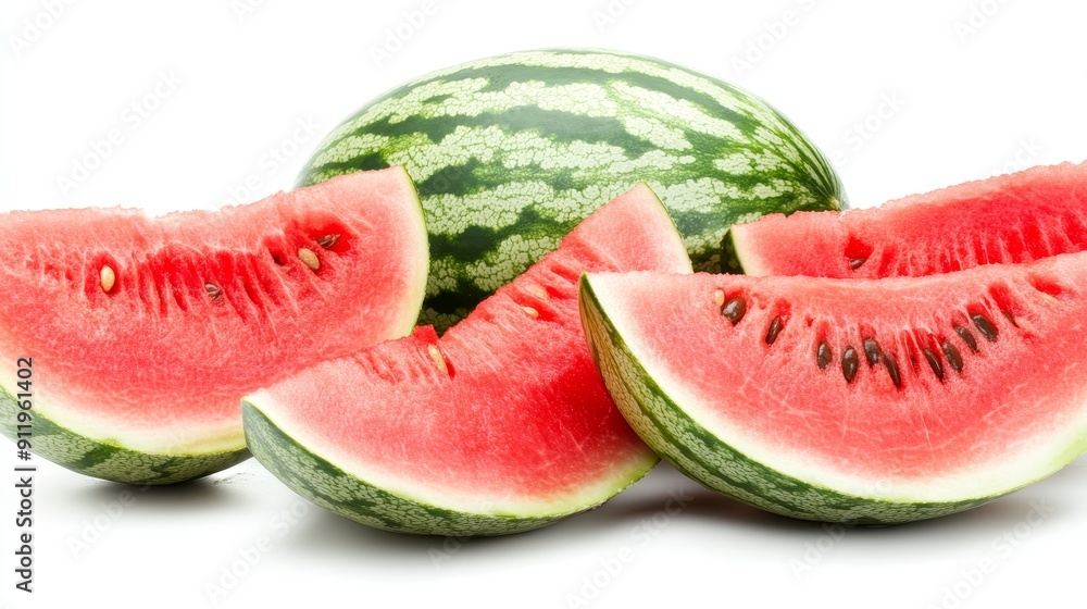 A collection of watermelons, focusing on a close-up of a juicy slice with seeds, against a white background, highlighting freshness A collection of watermelons, focusing on a close-up of a juicy slice with seeds, against a white background, highlighting freshness
