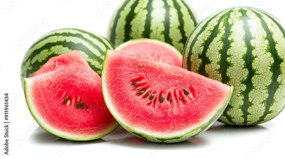 A collection of watermelons, focusing on a close-up of a juicy slice with seeds, against a white background, highlighting freshness A collection of watermelons, focusing on a close-up of a juicy slice with seeds, against a white background, highlighting freshness