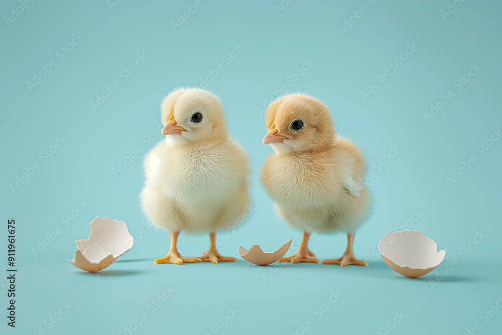 Small little chickens with egg isolated on a pastel blue background Small little chickens with egg isolated on a pastel blue background