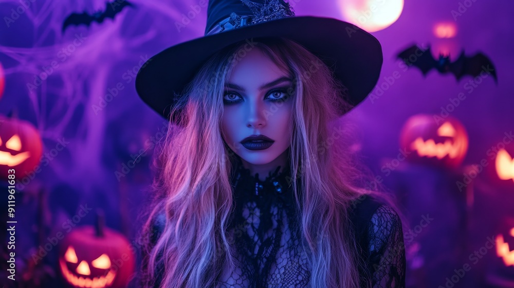 Enchanting Witch in Purple Moonlight - Minimalistic Halloween Concept with Copy Space Enchanting Witch in Purple Moonlight - Minimalistic Halloween Concept with Copy Space
