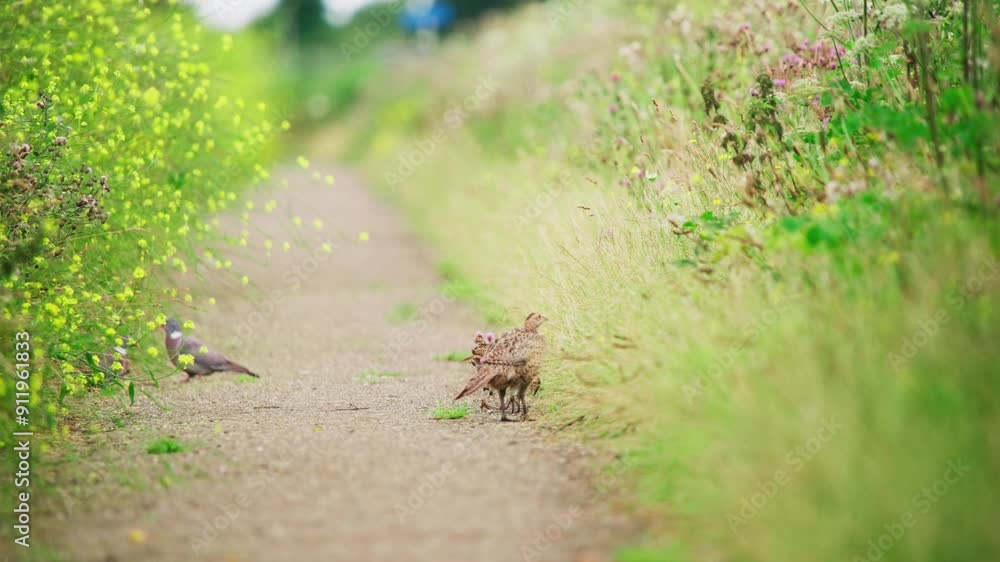 Common Pheasant chirps moving beak calling to children as it walks on dirt path between tall grass, telephoto rearview, Groenzoom Netherlands Common Pheasant chirps moving beak calling to children as it walks on dirt path between tall grass, telephoto rearview, Groenzoom Netherlands