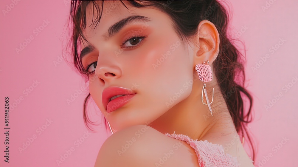 Close-up portrait of a woman with pink earrings. Close-up portrait of a woman with pink earrings.