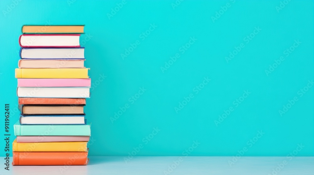 A neat stack of colorful books rests against a vibrant blue wall, perfect for adding charm to a reading nook A neat stack of colorful books rests against a vibrant blue wall, perfect for adding charm to a reading nook